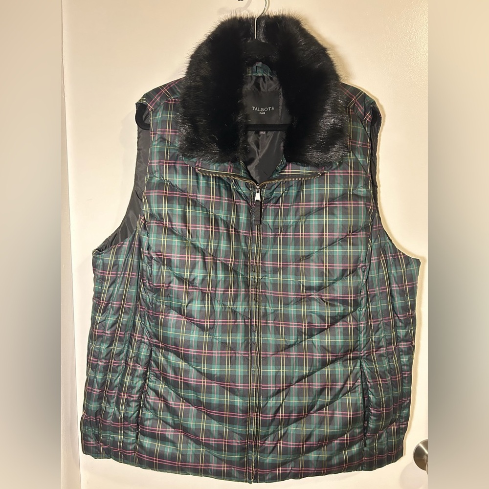 Talbots Green Plaid Vest with Removable Black Faux Fur Collar Down filled